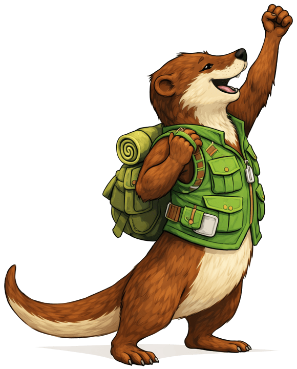 Neeri the river otter, in her green vest, fist in the air