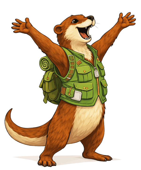 Neeri the river otter, arms wide, shouting with joy