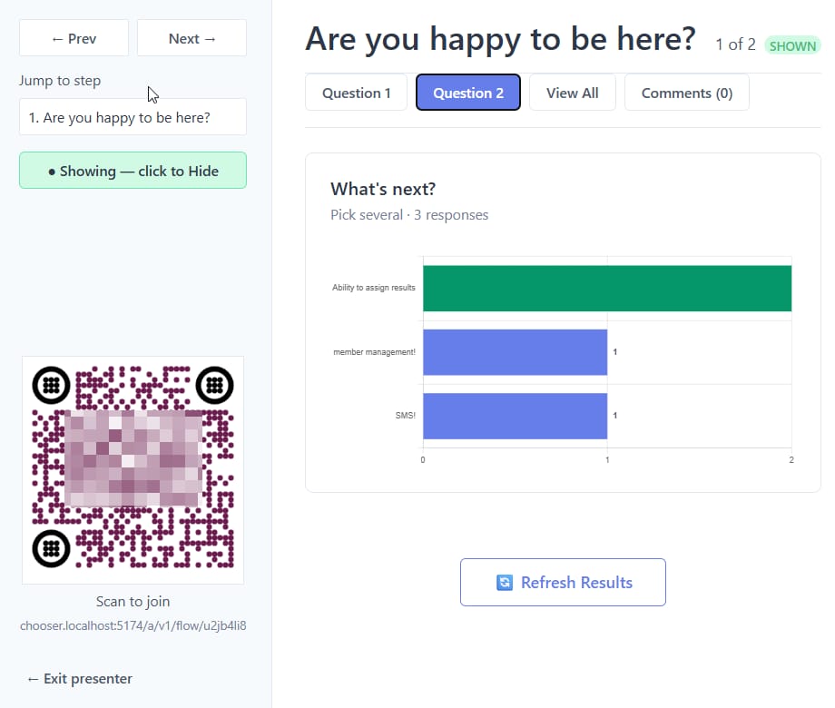 Flow presenter view showing the "What's next?" poll as a live bar chart of responses, with Prev/Next step navigation, a Scan-to-join QR code, and a Refresh Results button