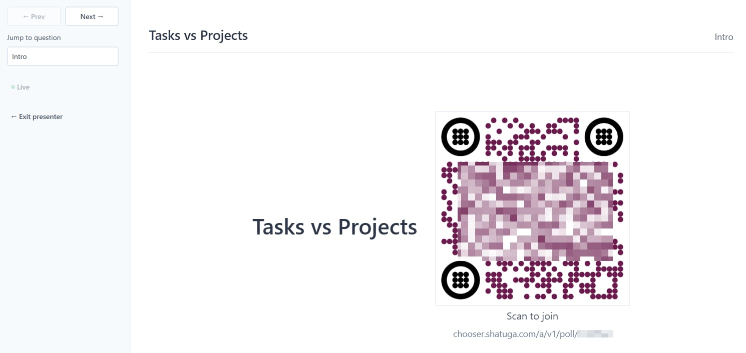 The opening slide of Chooser’s poll presenter: the question "Tasks vs Projects" in large type beside a full-size join QR code labelled "Scan to join", with the sidebar showing Prev and Next, a Jump to question box, and a green Live indicator